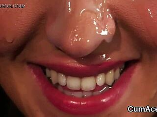 Hot babe takes cum on face, swallowin’ every last drop oops