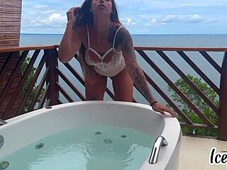 beautiful blonde gives blowjob on video call