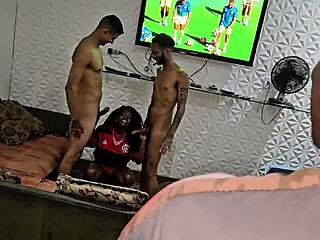 Cuckold husband invites friends for game, wife enjoys double penetration anal and vaginal.