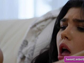 busty brunette gets seduced by naughty blonde friend for quick cum