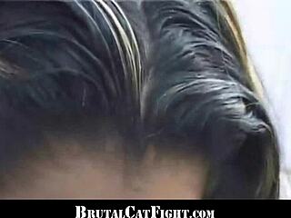 Rough catfight leads to fucking and cum in mouth at carwash