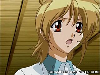 In this anime scene, the big titty babe masturbates while getting her pussy licked by a monster.