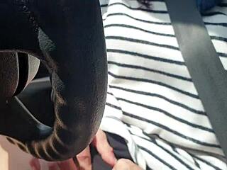 Skinny brunette masturbates pussy outside car in close-up action!