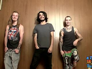 hot twinks with tattoos stroke cocks in threesome