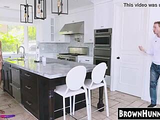 Petite ebony teen bent over in kitchen for doggystyle slamming