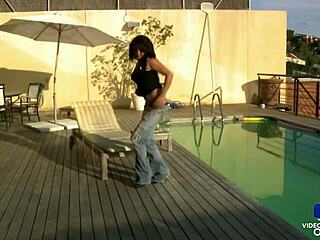 brunette milf yesenia rock says, 'watch me rip my clothes off on the balcony for all neighbors to see' in pov striptease