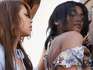 Two Adorable Brunette Models Undress and Play with Small Tits Outdoors