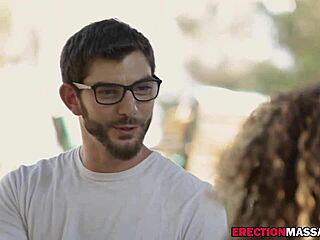 Brunette masseuse seduces young 18+ guy outdoors. His big cock gets full attention.