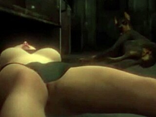 Dog with big cock bends her over for doggystyle, filling mouth and pussy with creampie twice.