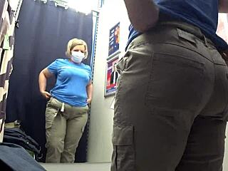 i saw this big ass in white panties, curvy milf trying on pants in fitting room