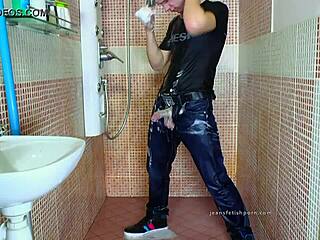 Detailed Gay Fetish Scene In Jeans During Shower Masturbation.