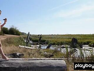 Skinny Canadian beauty Alexandra engages in outdoor stripping activity