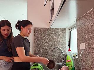 I’m my friend’s husband’s lover, so I comfort her with lesbian kitchen sex.