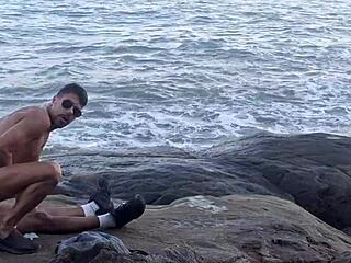 Big gay orgy on beach with bareback anal and cum dripping