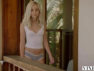 Sexy blonde with small tits gets fucked doggystyle, rides, and receives creampie from step brother outdoors