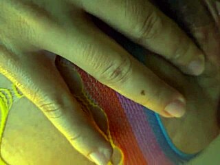 Close up of a hairy vagina with a pantyhose covered ass and small tits at night