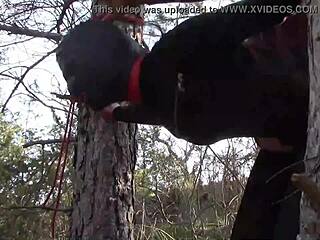 Petite Teen Tied To Tree Outdoor In Pantyhose And Boots For Rough Fuck