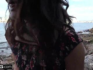 Amateur teen shows pussy lips outside in public