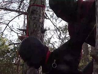 Petite Teen Tied To Tree Outdoor In Pantyhose And Boots For Rough Fuck