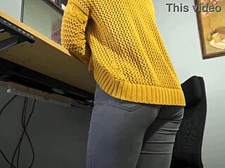 Hot secretary teases with tight jeans and panty line
