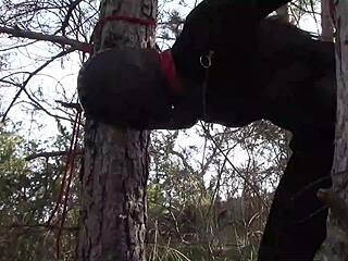 Petite Teen Tied To Tree Outdoor In Pantyhose And Boots For Rough Fuck