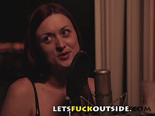 Behind the car, brunette lesbians engage in threesome