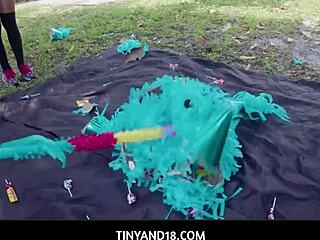 Petite teen 18+ step sisters surprise stepbrother with birthday bang!