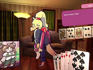 Two chicks playing poker in furry strip poker game