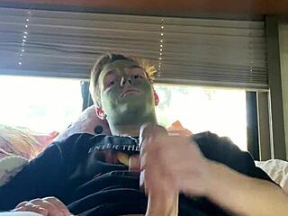 blonde teen masturbates his cock during skincare on webcam