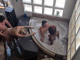 spa bath orgy: three girls one guy reverse gangbang interracial