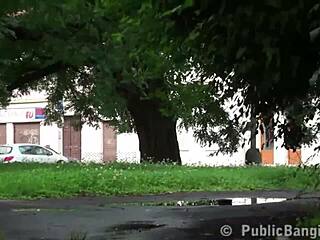 Woman gets facial in public street threesome