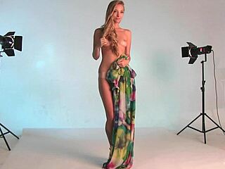 Blonde Teen Model Poses Nude in Dress and Heels Backstage at Photoshoot