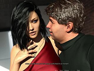 Anna in sexy red dress and black stockings at party game