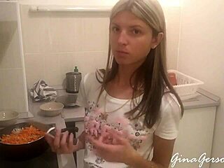 I'm whipping up Russian borscht again with my blonde teen 18+ in the kitchen.