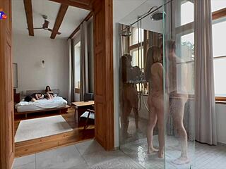 She didn't mind joining them in the shower for amateur group fucking, riding and sucking asses bent over.