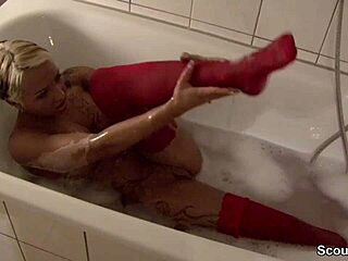 german teen 18+ in stockings delivers steamy pov blowjob in bathtub scene