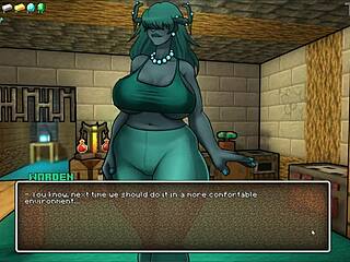 Hornycraft parody hentai game: Warden craves Steve's huge cock creampie in yoga pants outfit, anime 3D tits bouncing.