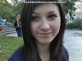 brunette flaunts her nice tits openly on the street