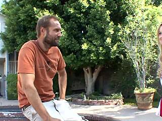 two horny guys team up with blonde teen mae meyers for steamy couch threesome