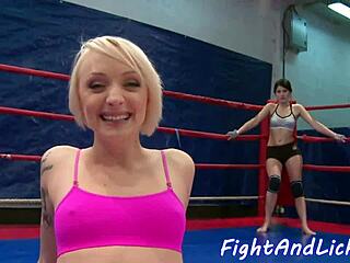 Tattooed euro babe wrestles and licks shaved pussy