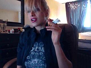 Sandi lights up 3 brown cork cigarettes for fun.