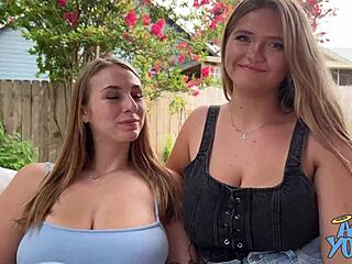 2 busty blondes Angel and Angie share big dick