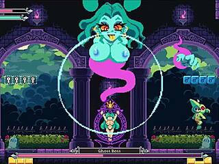 Teen witch in pixel hentai game gets monster cock titjob