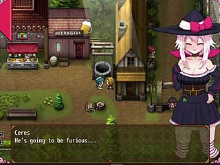 Petite witch Ceres masturbates cock for cum on tits in hentai game part 5.