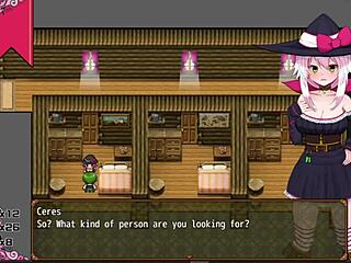 Petite witch Ceres masturbates cock for cum on tits in hentai game part 5.