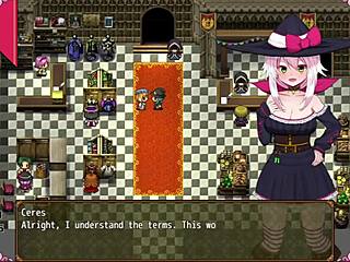 Petite witch Ceres masturbates cock for cum on tits in hentai game part 5.