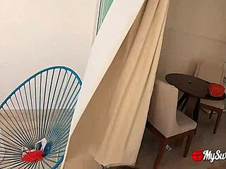 Pretty girl gets public balcony sex after beach with massive facial