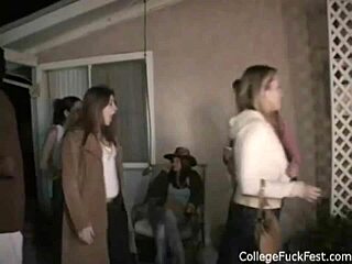 hot blonde coed bent over in threesome, pussy doggystyle fucking and cumshot