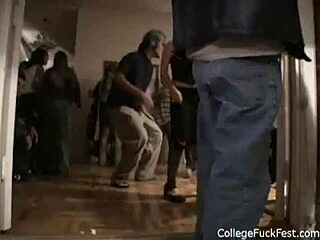 hot blonde coed bent over in threesome, pussy doggystyle fucking and cumshot