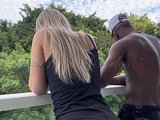 We got caught fucking on the balcony by security, then the monster cock guy pounded my wet pussy hard